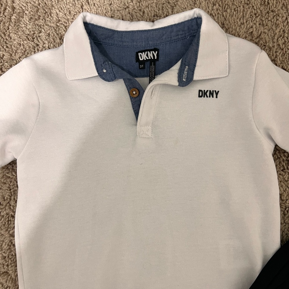 DKNY Short Outfit - Toddler Boy, 3T (White collared shirt + Navy blue shorts)